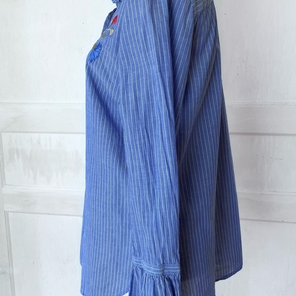 LOFT EMBROIDERED TAB COLLAR BUTTONDOWN TOP BLUE WHITE STRIPED BOHO RUFFLE SLEEVE - Picture 2 of 11